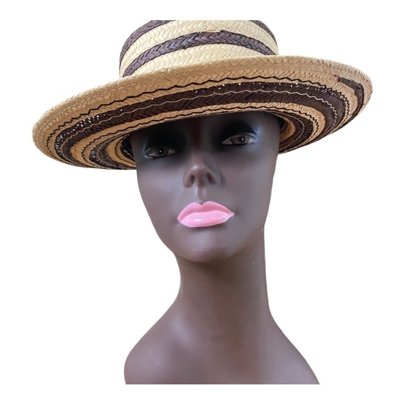 Vintage J Crew Cloche Black & Cream/Tan Stripe Straw Hat. Sz 8 main image 13
